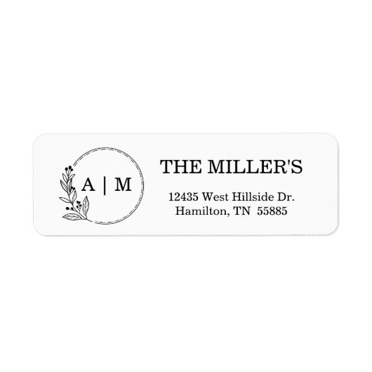 Zwart Minimaal Bloemmonogram Huwelijk Etiket (Voorkant)