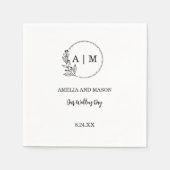 Zwart Minimaal Bloemmonogram Huwelijk Servet (Voorkant)