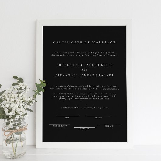 Zwart Minimaal Modern Elegant Huwelijkscertificaat Poster