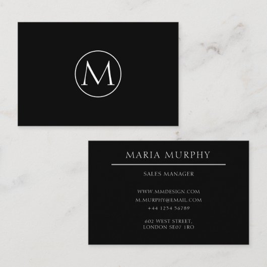 Zwart minimaal monogram Visitekaartje (Voorkant / Achterkant)
