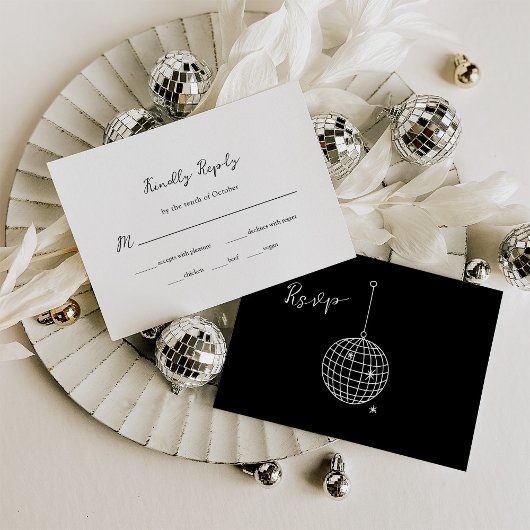 Zwart Minimal Disco Ball Wedding | Maaltijdkeuze RSVP Kaartje