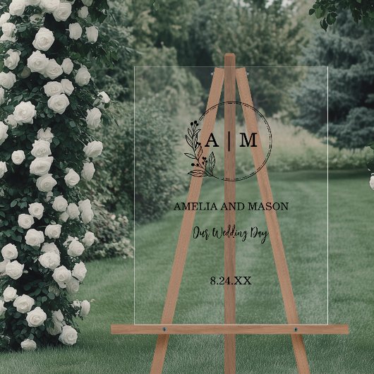 Zwart Minimale Bloemen Monogram Huwelijk Acryl Tek Acryl Bord