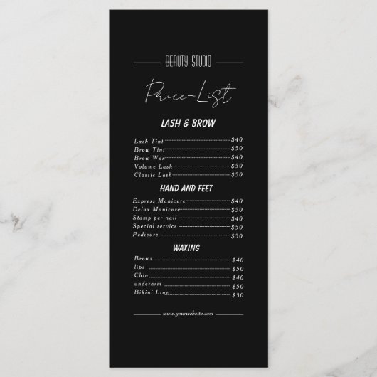 Zwart Minimalist Beauty Studio prijslijst Menu (Voorkant)