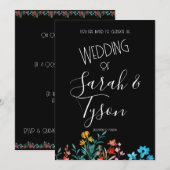 Zwart Minimalist Floral Wedding Receptie met Kaart (Voorkant / Achterkant)