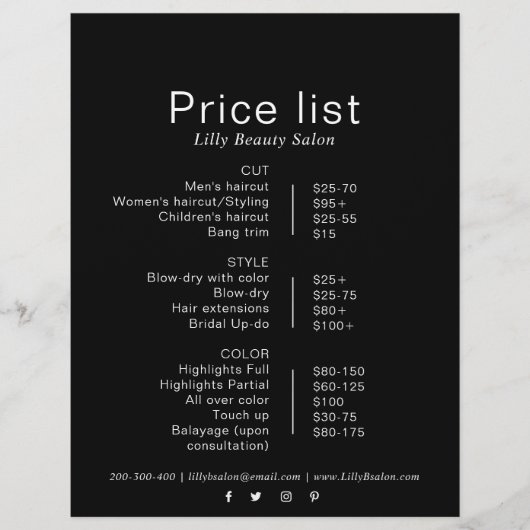 Zwart Minimalist Formele Schoonheidssalon prijslij (Voorkant)