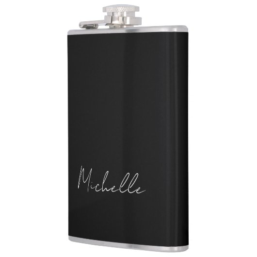 Zwart Minimalist Plain Modern Eigen Naam Kalligraf Heupfles (Links)