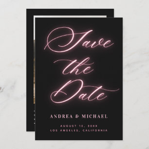 Zwart Minimalist Roze Neon Foto & QR Code Bruiloft Save The Date