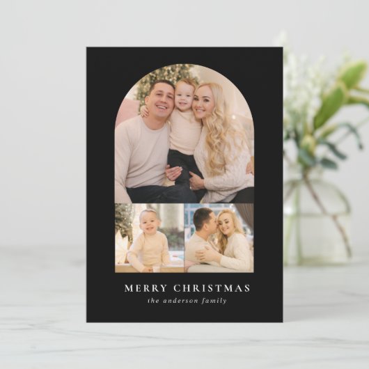 Zwart minimalistisch Arch 3 Foto Feestdagenkaart (Staand voorkant)