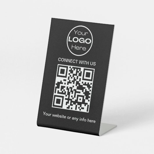 Zwart Minimalistisch Bedrijfs Logo en QR Code Reclamebord Met Voetstuk (Voorkant)