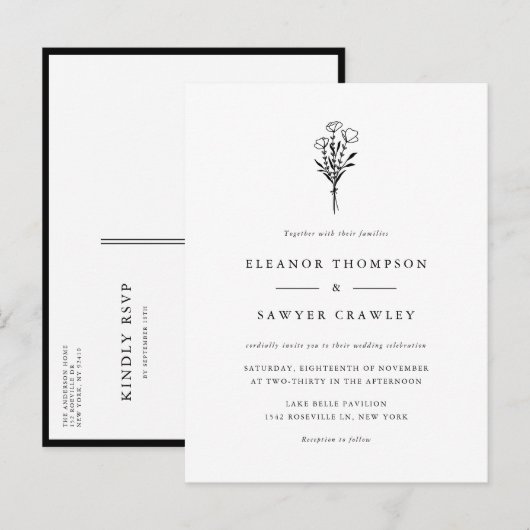 Zwart Minimalistisch Bloemen Boeket Bruiloft Uitnodiging Briefkaart (Voorkant / Achterkant)