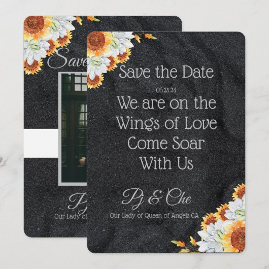 Zwart Minimalistisch Bloemen Bruiloft Save The Dat Date (Voorkant / Achterkant)