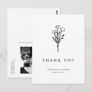 Zwart minimalistisch boeket foto bruiloft Dank u Briefkaart