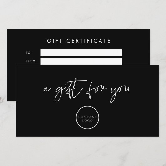Zwart minimalistisch cadeaubon met Logo (Voorkant / Achterkant)