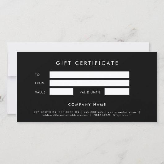 Zwart minimalistisch cadeaubon met Logo (Achterkant)