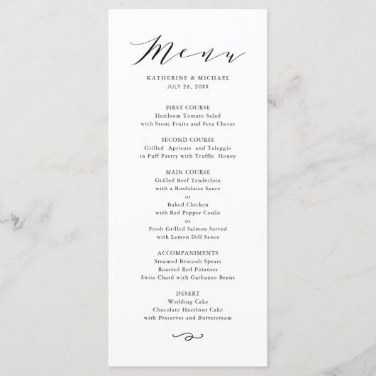 Zwart-minimalistisch Dainty Script Weddenschap Menu (Voorkant)