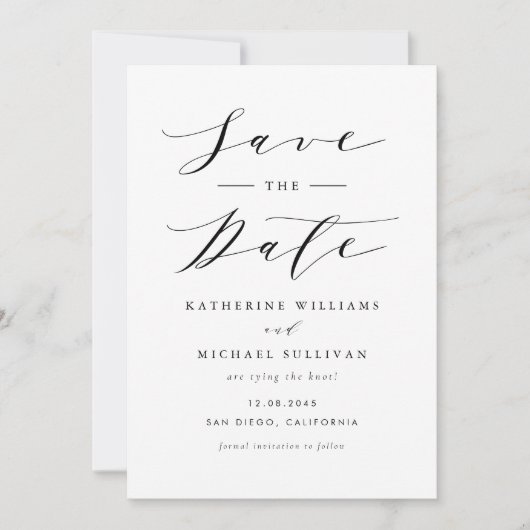 Zwart-minimalistisch Dainty Script Weddenschap Save The Date (Voorkant)