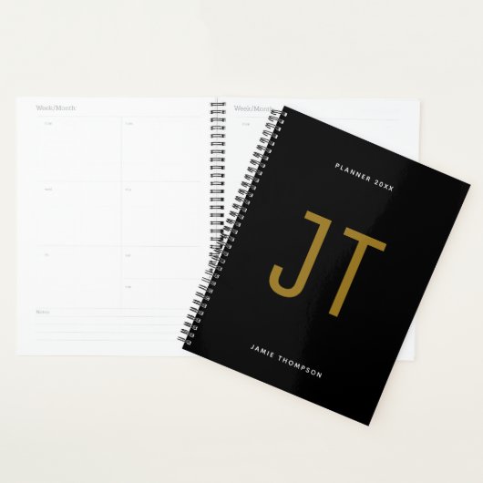Zwart minimalistisch eenvoudig modern monogram planner (Display)