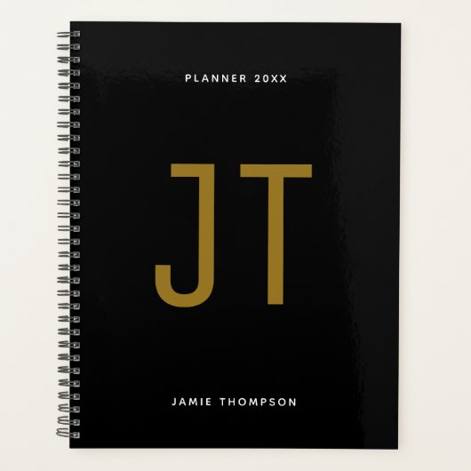 Zwart minimalistisch eenvoudig modern monogram planner (Voorkant)