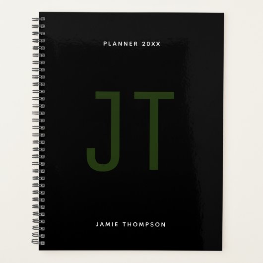 Zwart minimalistisch eenvoudig modern monogram planner (Voorkant)