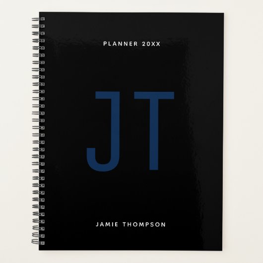 Zwart minimalistisch eenvoudig modern monogram planner (Voorkant)