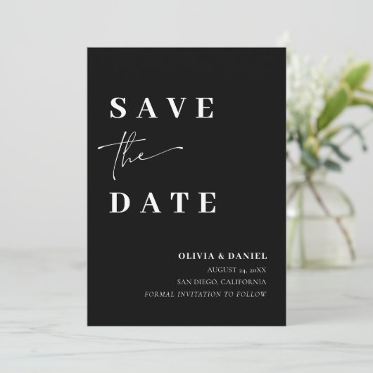 Zwart Minimalistisch Elegant Photo Save the Date K Kaart (Staand voorkant)