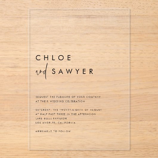 Zwart minimalistisch handgeschreven script Modern Acryl Uitnodigingen (Voorkant)