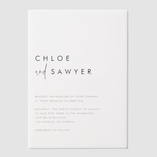 Zwart minimalistisch handgeschreven script Modern Vellum Uitnodigingen (Voorkant)