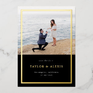 Zwart minimalistisch Lijst Foto slaat de datum gou Folie Uitnodiging