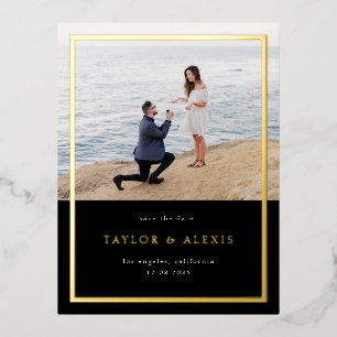 Zwart minimalistisch Lijst Foto slaat de datum gou Folie Uitnodiging Briefkaart