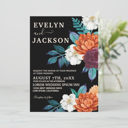 Zwart Minimalistisch Modern Herfst Bruiloft Kaart (Staand voorkant)