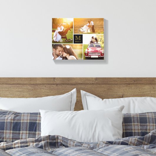 Zwart Minimalistisch Monogram Bruiloft 4 Fotocolla Canvas Afdruk (Insitu (Slaapkamer))