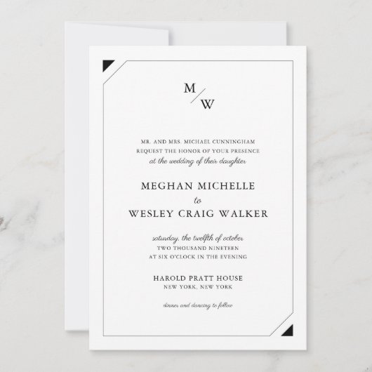 Zwart minimalistisch monogram bruiloft kaart (Voorkant)