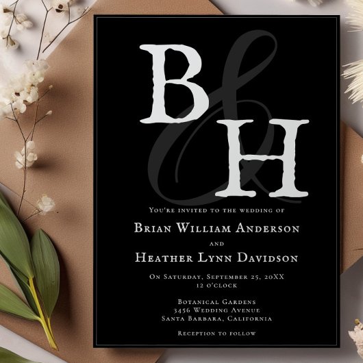 Zwart minimalistisch monogram bruiloft kaart