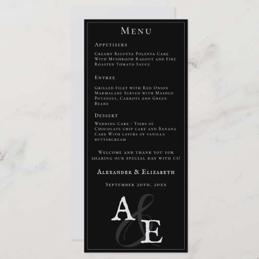 Zwart minimalistisch monogram bruiloft menu (Voorkant / Achterkant)