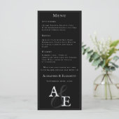 Zwart minimalistisch monogram bruiloft menu (Staand voorkant)