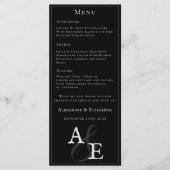Zwart minimalistisch monogram bruiloft menu (Voorkant)