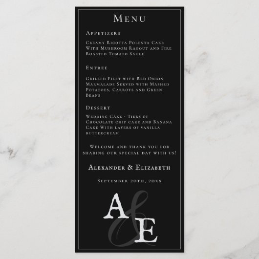 Zwart minimalistisch monogram bruiloft menu (Voorkant)