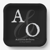 Zwart minimalistisch monogram bruiloft papieren bordje (Voorkant)