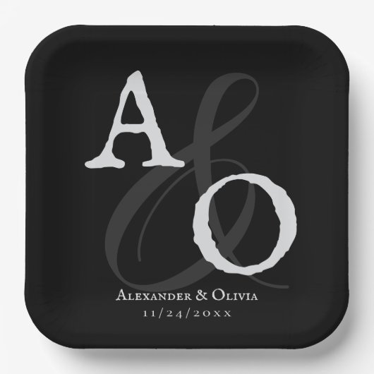 Zwart minimalistisch monogram bruiloft papieren bordje (Voorkant)