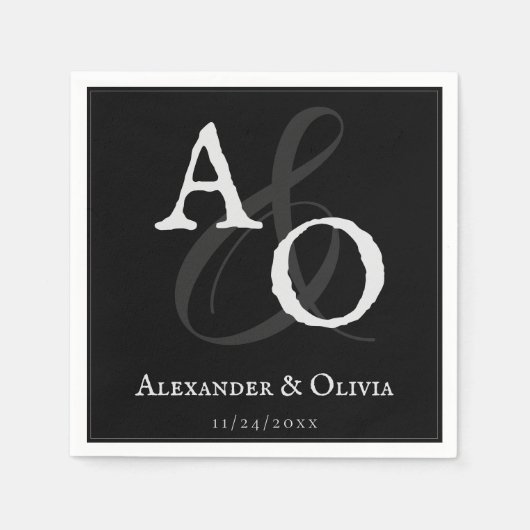 Zwart minimalistisch monogram bruiloft servet (Voorkant)