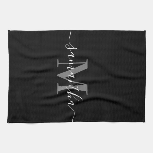 Zwart Minimalistisch Monogram Theedoek (Horizontaal)