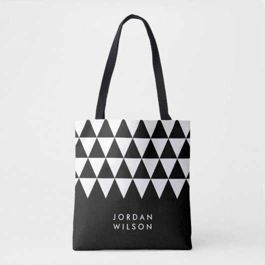 Zwart minimalistisch naamwit driehoekspatroon tote bag (Voorkant)