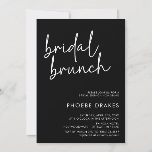 Zwart Minimalistisch Script Bridal Brunch Kaart (Voorkant)