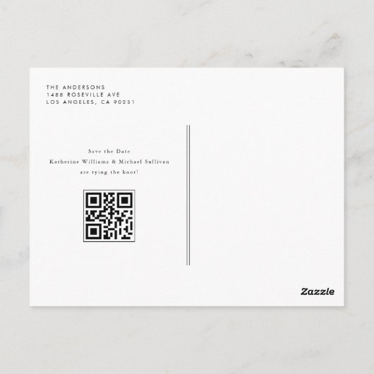 Zwart Minimalistisch Script QR Code Save the Date Briefkaart (Achterkant)