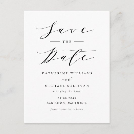 Zwart Minimalistisch Script QR Code Save the Date Briefkaart (Voorkant)