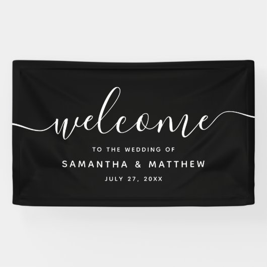 Zwart minimalistisch script Welkom op het huwelijk Spandoek (Horizontaal)