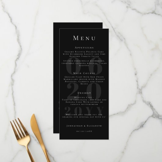 Zwart Minimalistisch Vetgedrukte Type Wedding Menu (Voorkant / Achterkant in situ)