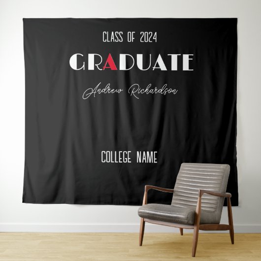 Zwart minimalistisch wit rood afstuderen naam wandkleed (In Situ (horizontaal))