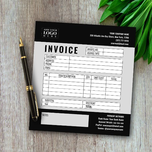 Zwart Minimalistische Custom Business Invoice Logo Notitieblok