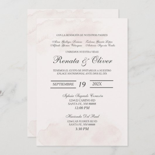 Zwart Minimalistische Spaanse bruiloft uitnodiging (Voorkant / Achterkant)